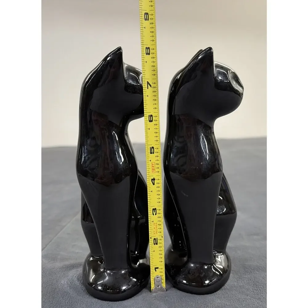 Vintage MCM Pair of Black Ceramic Cat Figurines Green Eyes Copy Cats 8.5” Chrty